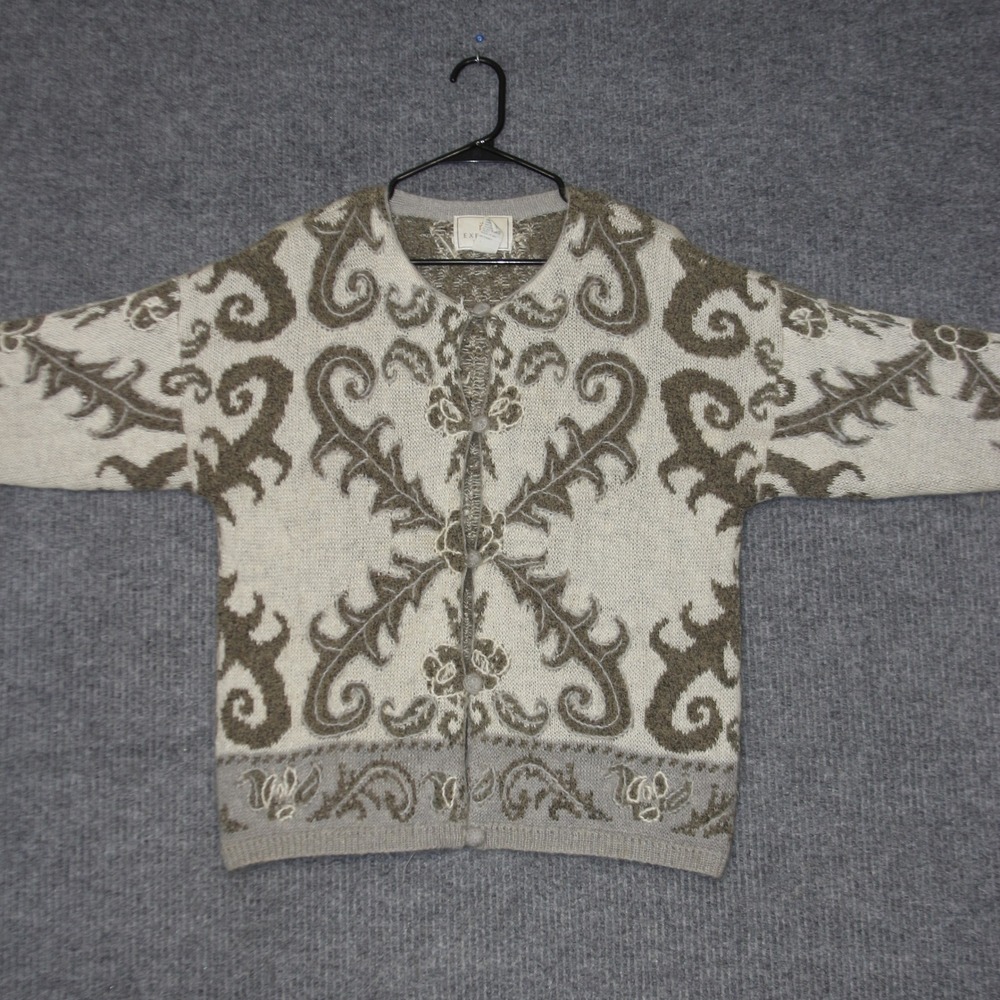 Vintage Express Tricot Cardigan‎ Sweater Womens M Brown Beige Mohair Wool Blend